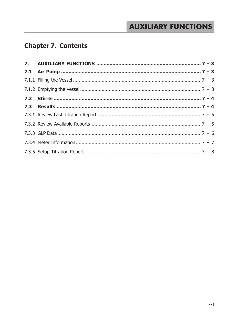 07_auxiliaryfunct_2013_08_28.pdf, Auxiliary functions, Chapter 7. contents | Hanna Instruments HI 904 User Manual | Page 95 / 180