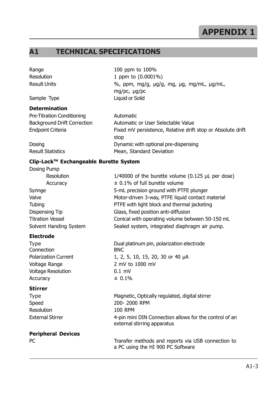 Appendix 1, A1 technical specifications | Hanna Instruments HI 903 User Manual | Page 149 / 222