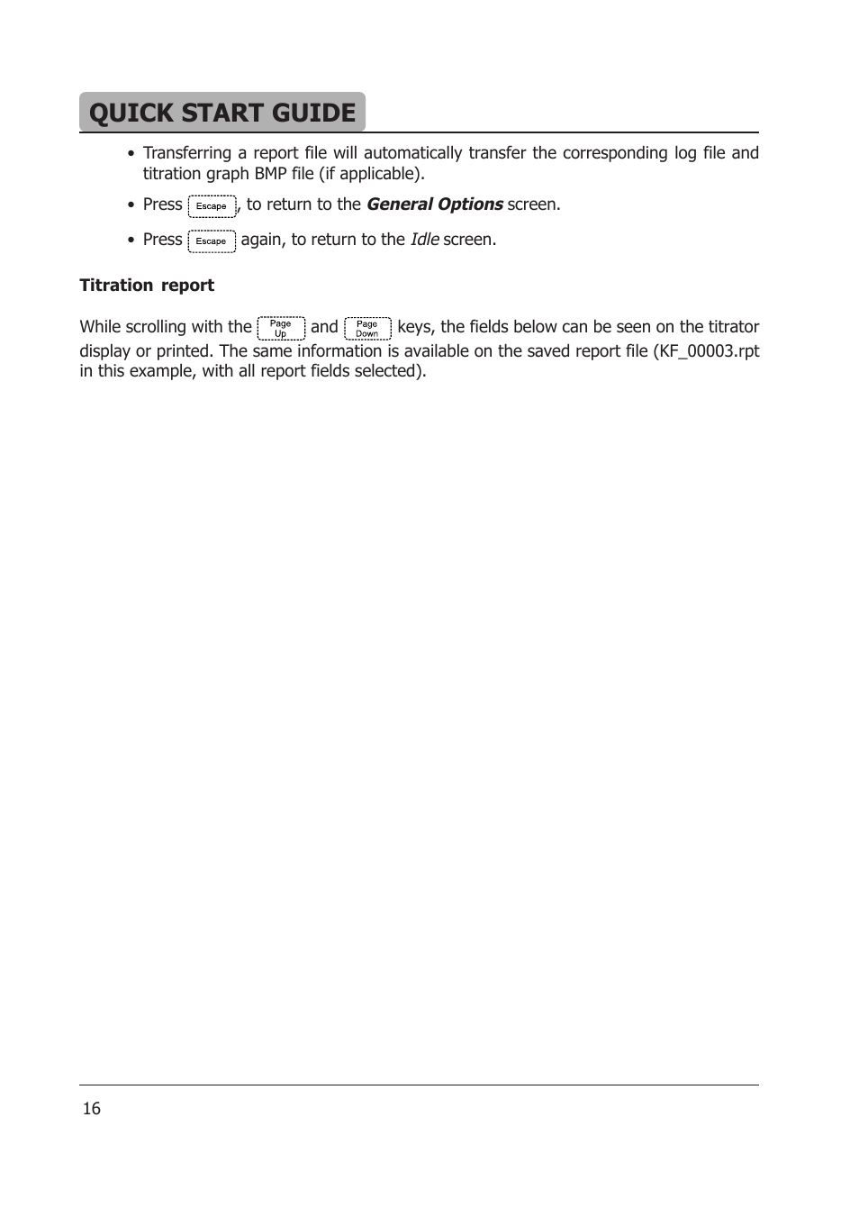 Quick start guide, General options, Idle | Screen. • press again, to return to the | Hanna Instruments HI 903 User Manual | Page 16 / 222