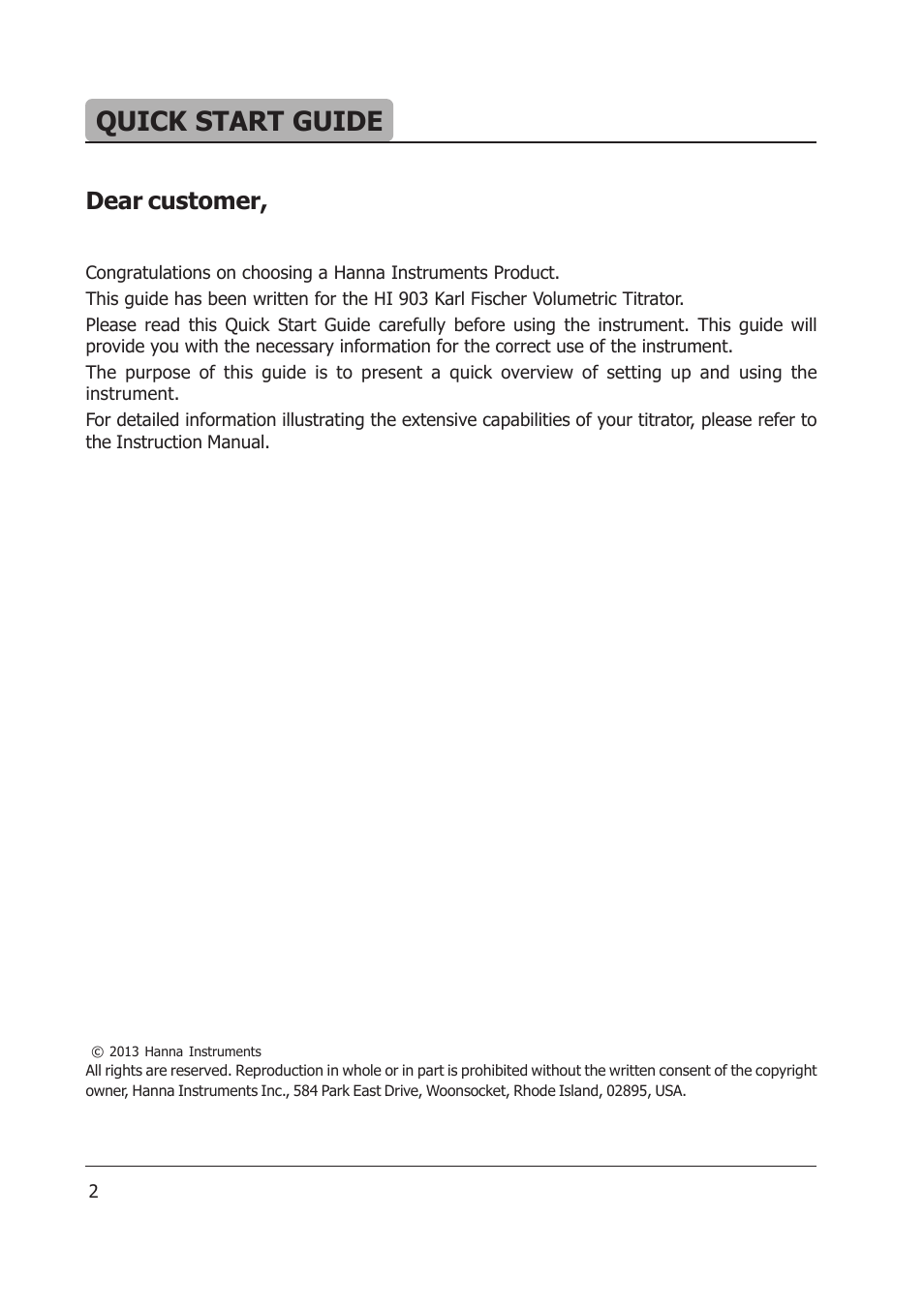 Quick start guide, Dear customer | Hanna Instruments HI 903 User Manual | Page 2 / 222