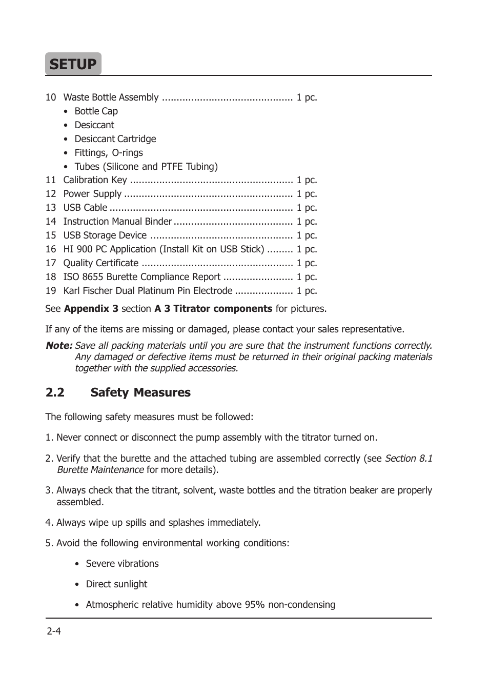 Setup, 2 safety measures | Hanna Instruments HI 903 User Manual | Page 28 / 222