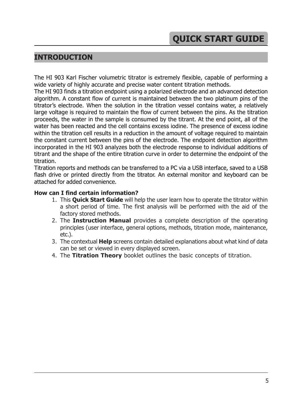 Quick start guide, Introduction | Hanna Instruments HI 903 User Manual | Page 5 / 222
