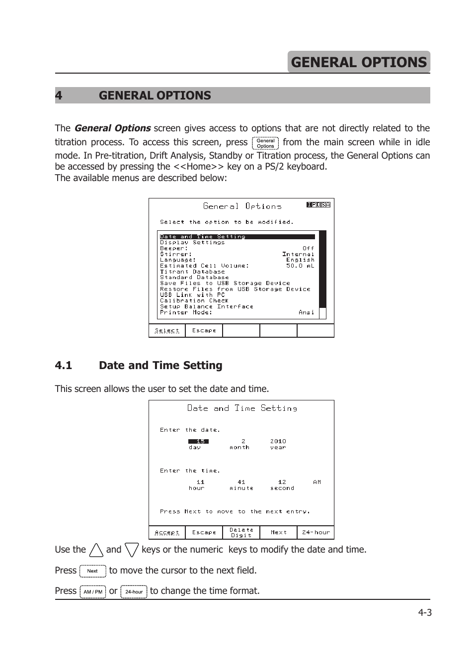 General options, 4general options | Hanna Instruments HI 903 User Manual | Page 53 / 222