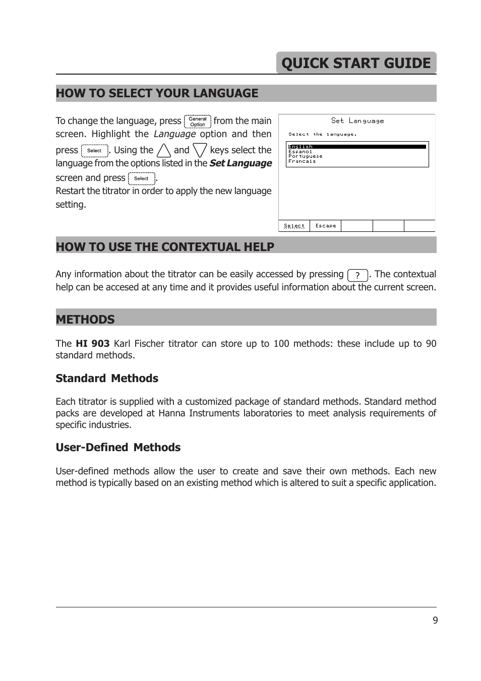 Quick start guide, How to select your language, How to use the contextual help | Methods | Hanna Instruments HI 903 User Manual | Page 9 / 222