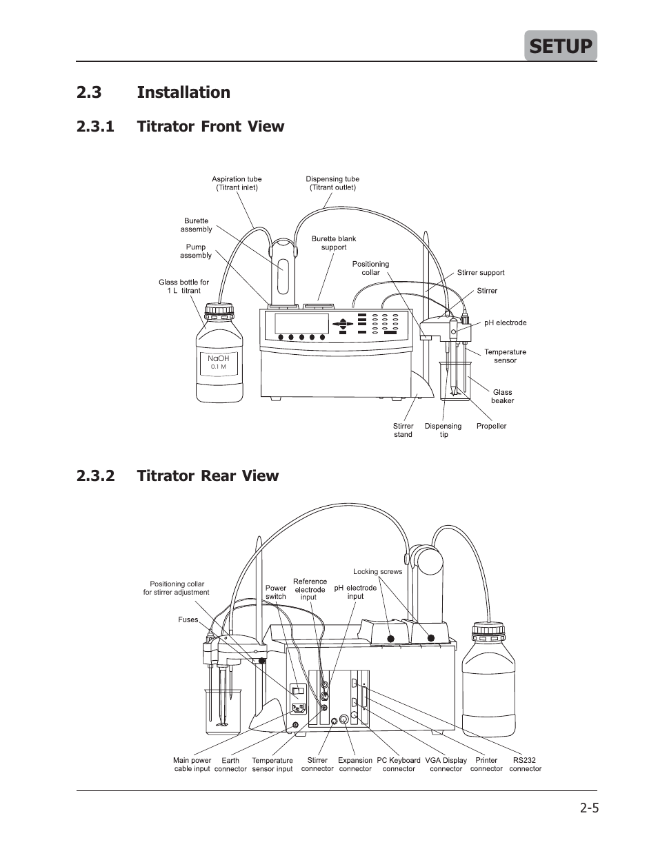 Setup, 3 installation, 1 titrator front view 2.3.2 titrator rear view | Hanna Instruments HI 901 User Manual | Page 11 / 148