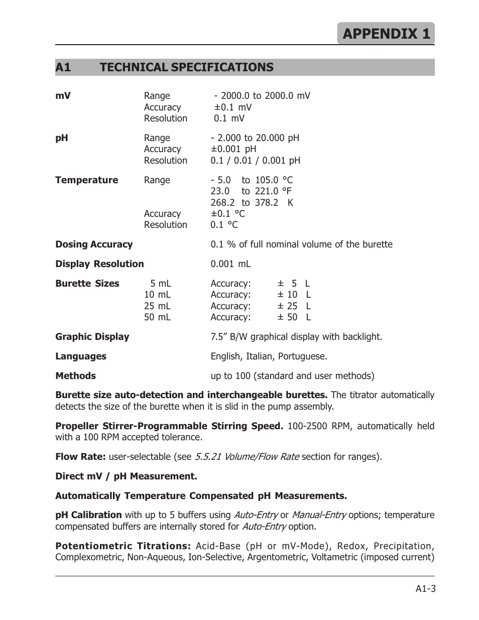 Appendix 1, A1 technical specifications | Hanna Instruments HI 901 User Manual | Page 125 / 148