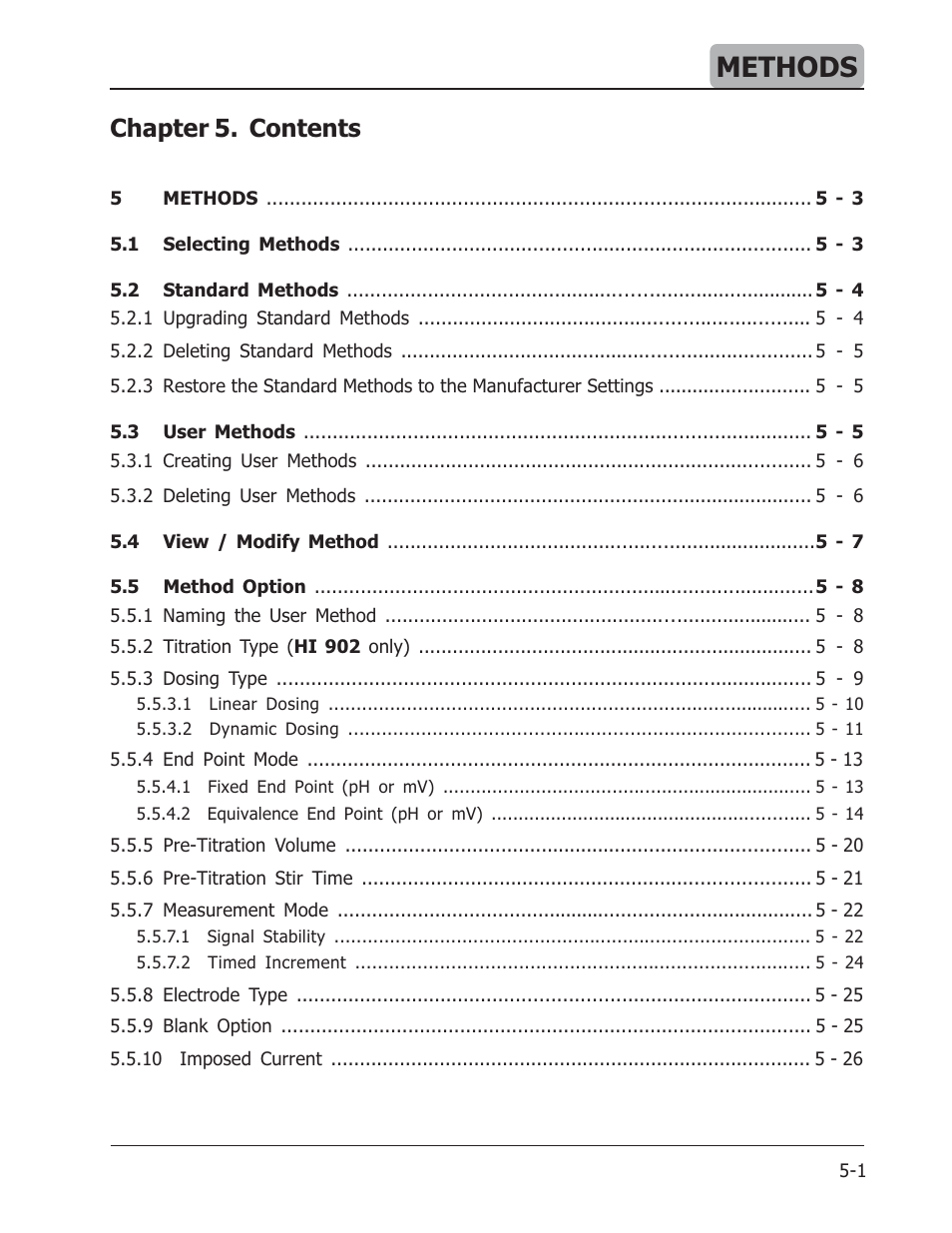 Methods, Chapter 5. contents | Hanna Instruments HI 901 User Manual | Page 41 / 148