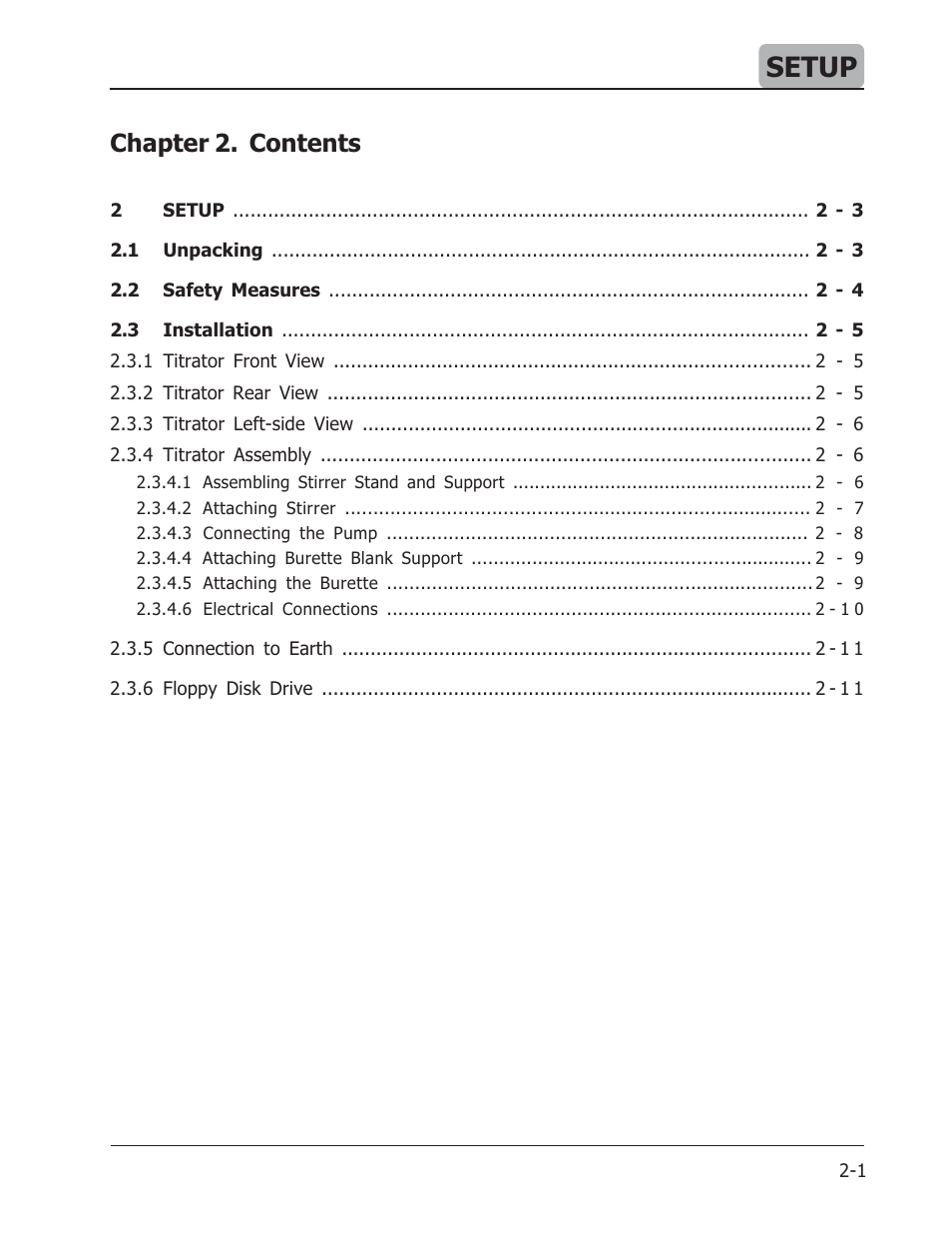 Setup, Chapter 2. contents | Hanna Instruments HI 901 User Manual | Page 7 / 148