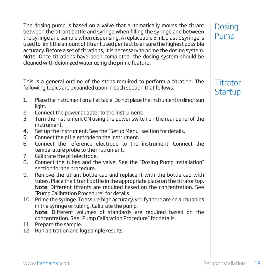 Dosing pump titrator startup | Hanna Instruments HI 84529-01 User Manual | Page 13 / 54