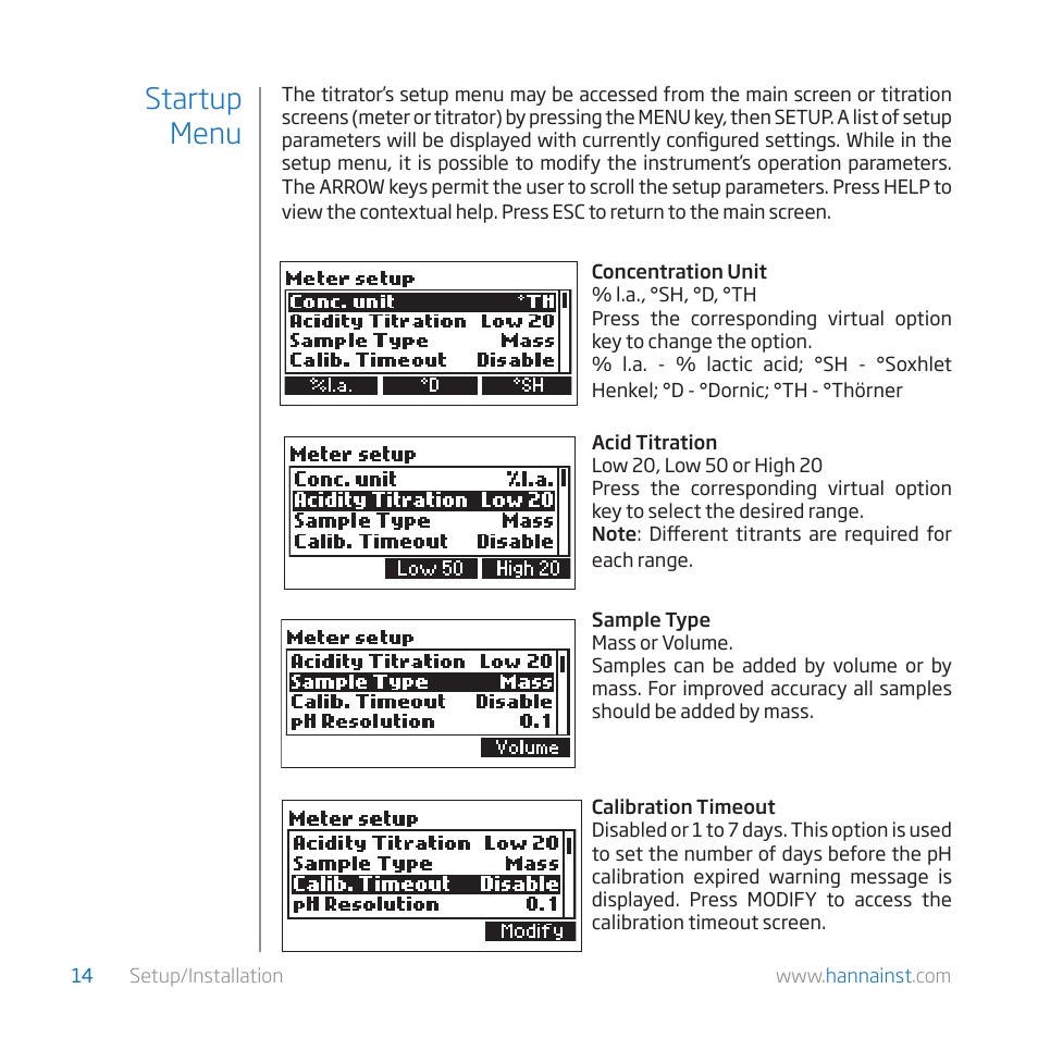 Startup menu | Hanna Instruments HI 84529-01 User Manual | Page 14 / 54