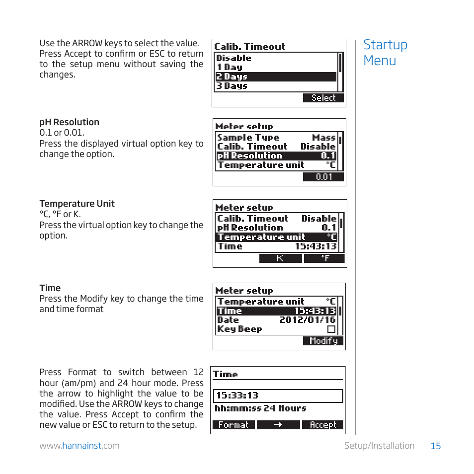 Startup menu | Hanna Instruments HI 84529-01 User Manual | Page 15 / 54