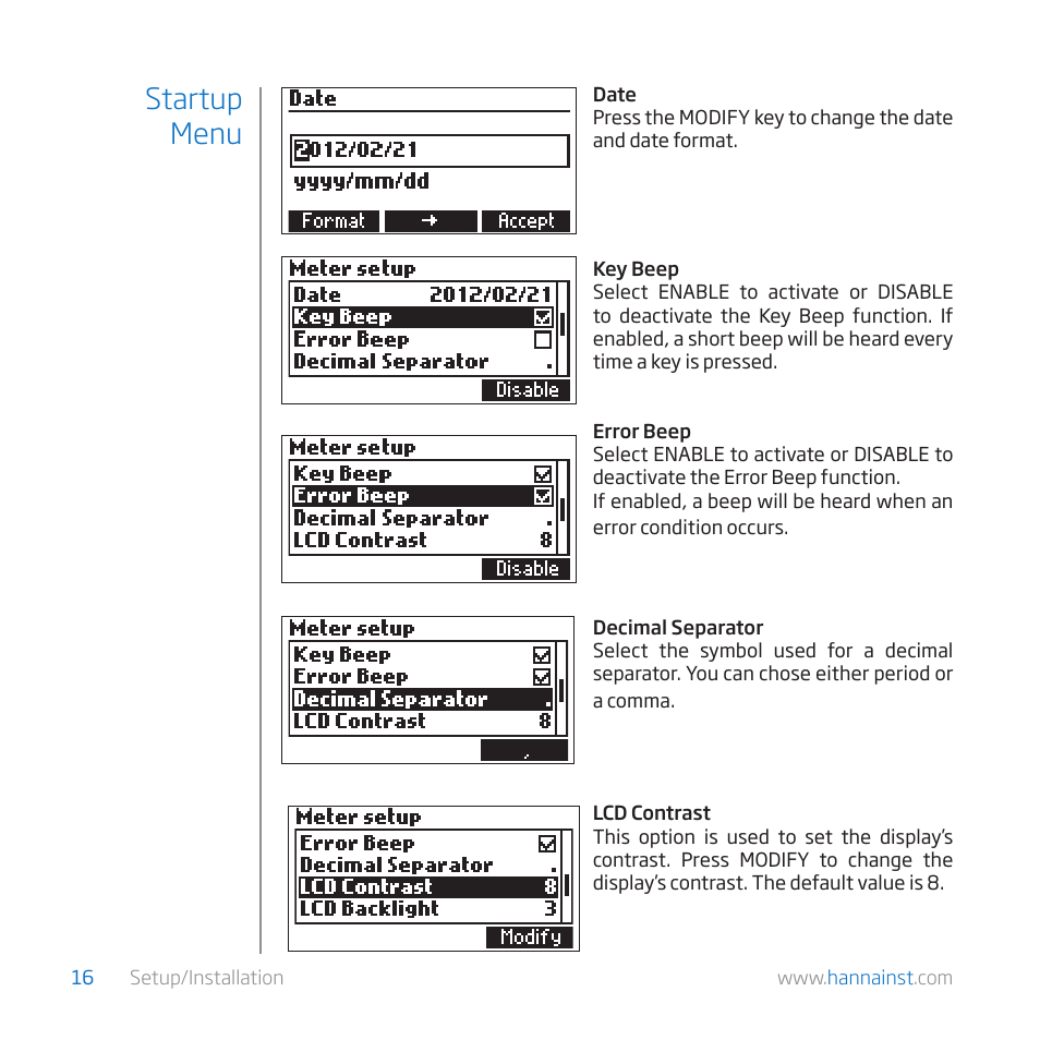 Startup menu | Hanna Instruments HI 84529-01 User Manual | Page 16 / 54