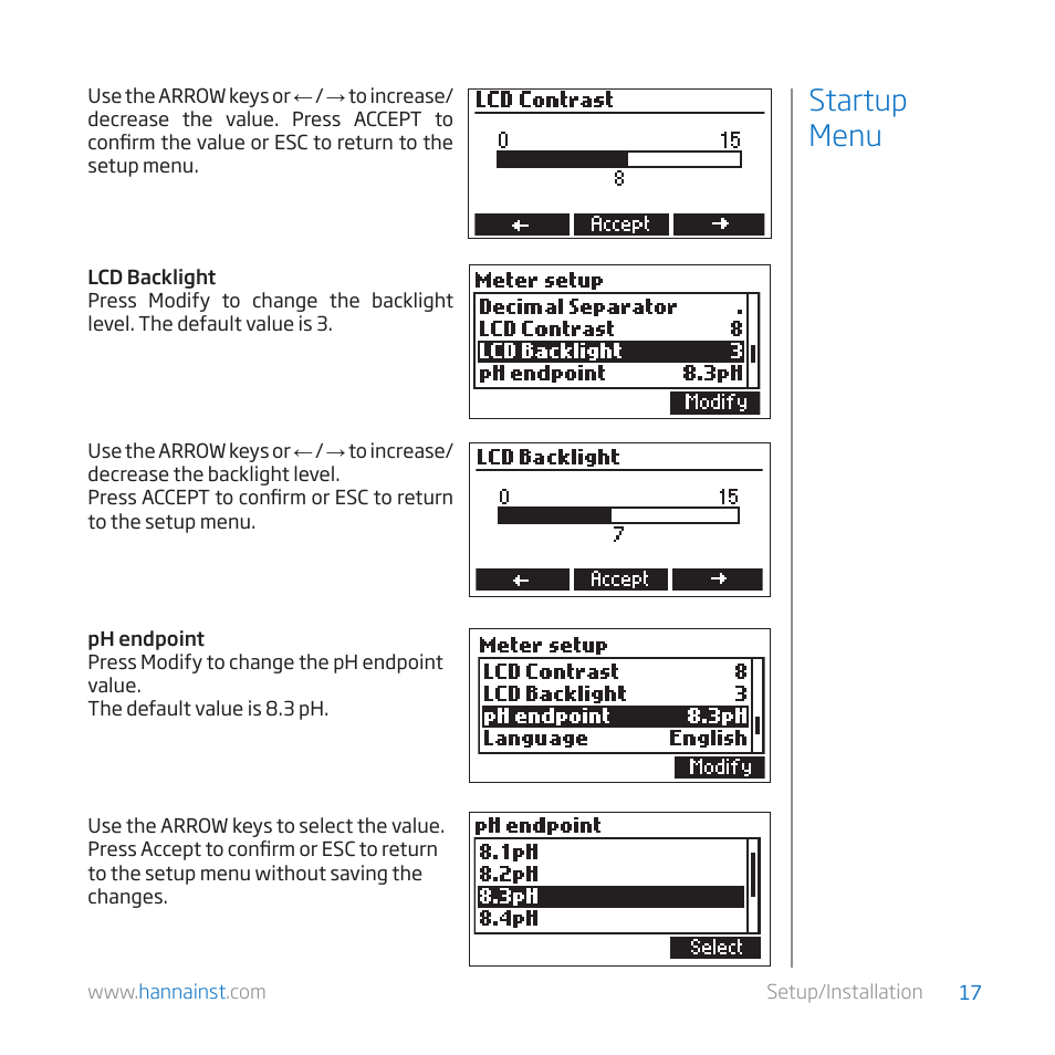 Startup menu | Hanna Instruments HI 84529-01 User Manual | Page 17 / 54