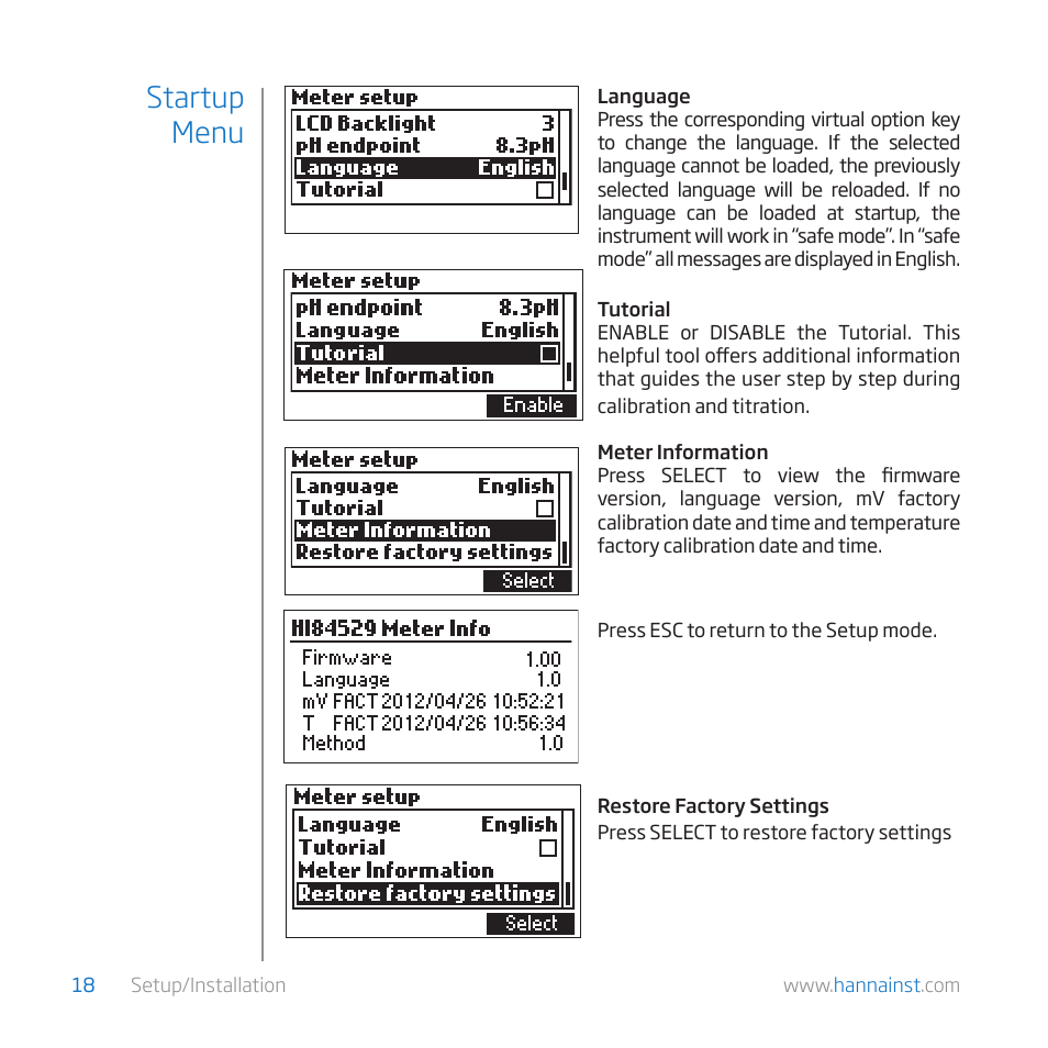 Startup menu | Hanna Instruments HI 84529-01 User Manual | Page 18 / 54