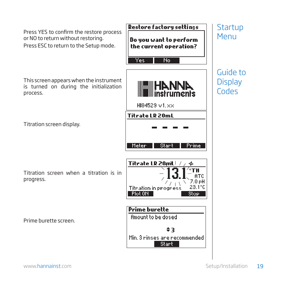 Guide to display codes startup menu | Hanna Instruments HI 84529-01 User Manual | Page 19 / 54