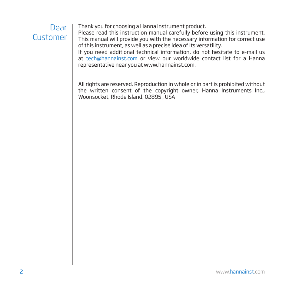 Dear customer | Hanna Instruments HI 84529-01 User Manual | Page 2 / 54