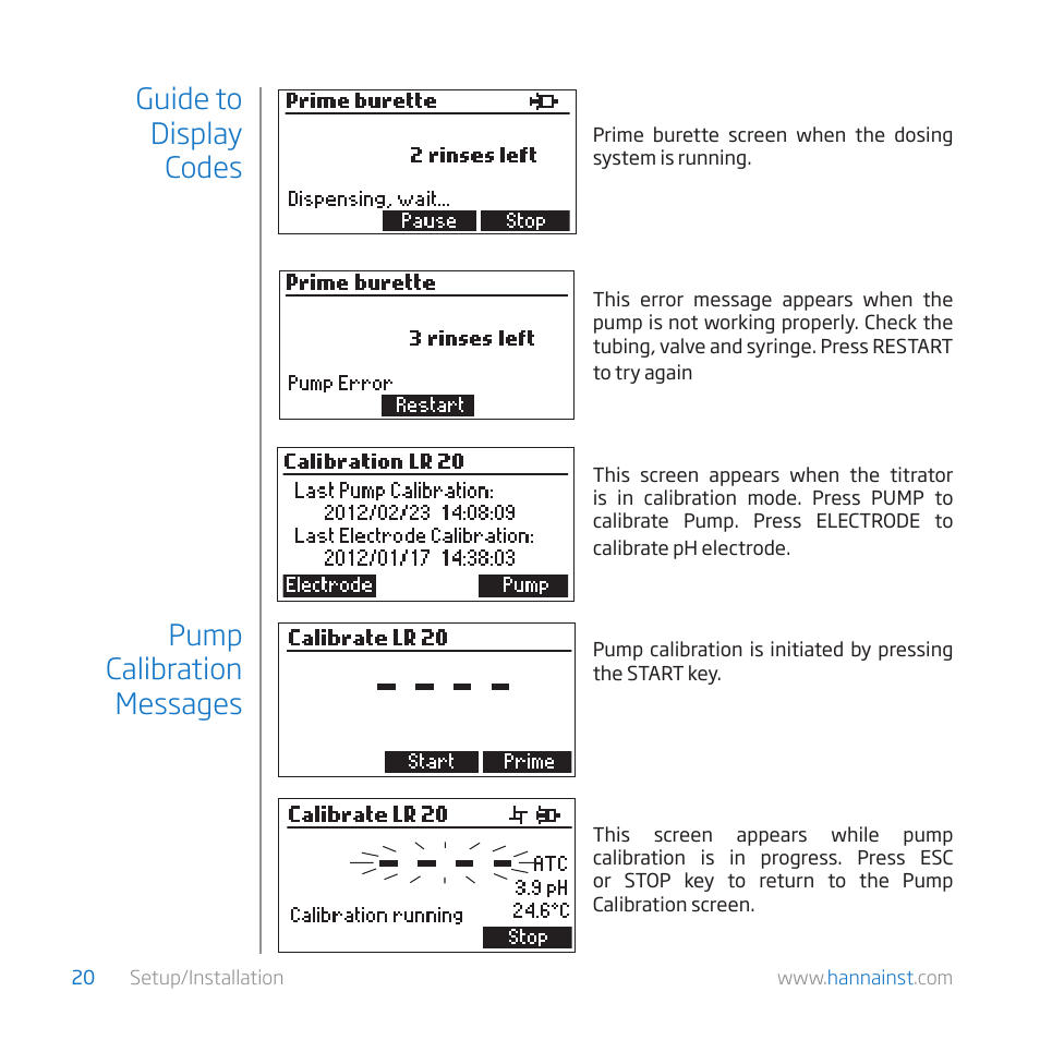 Pump calibration messages guide to display codes | Hanna Instruments HI 84529-01 User Manual | Page 20 / 54