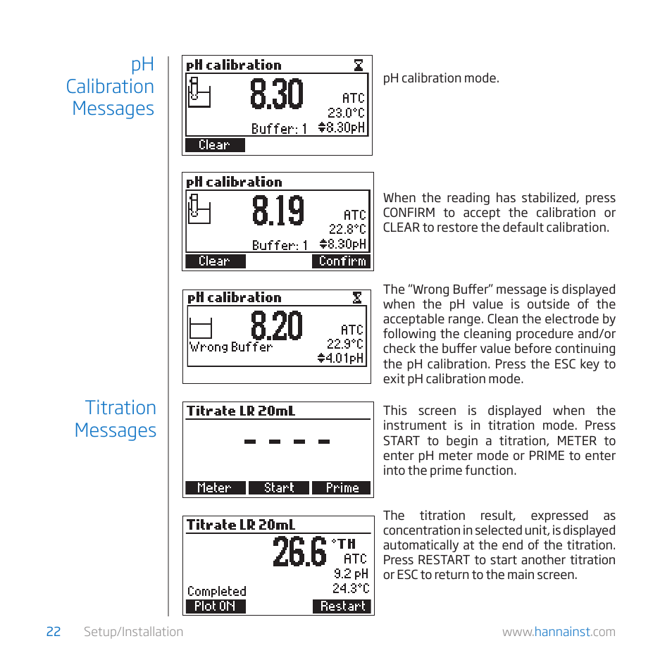 Ph calibration messages titration messages | Hanna Instruments HI 84529-01 User Manual | Page 22 / 54