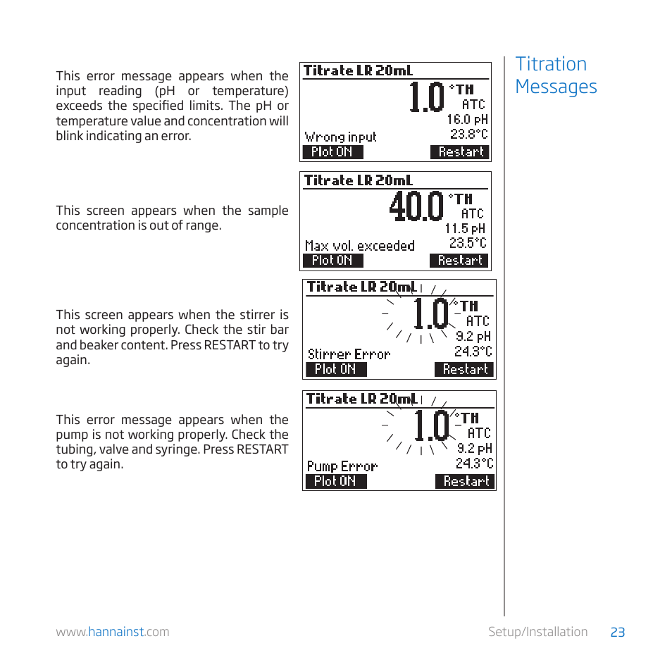 Titration messages | Hanna Instruments HI 84529-01 User Manual | Page 23 / 54