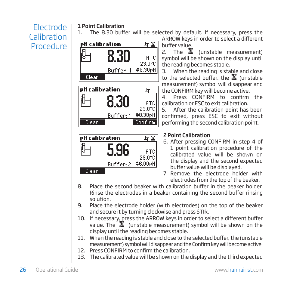 Electrode calibration procedure | Hanna Instruments HI 84529-01 User Manual | Page 26 / 54