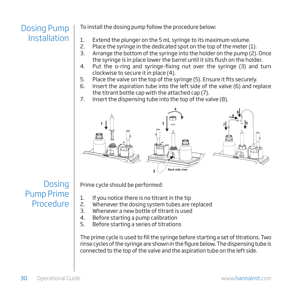 Dosing pump installation, Dosing pump prime procedure | Hanna Instruments HI 84529-01 User Manual | Page 30 / 54