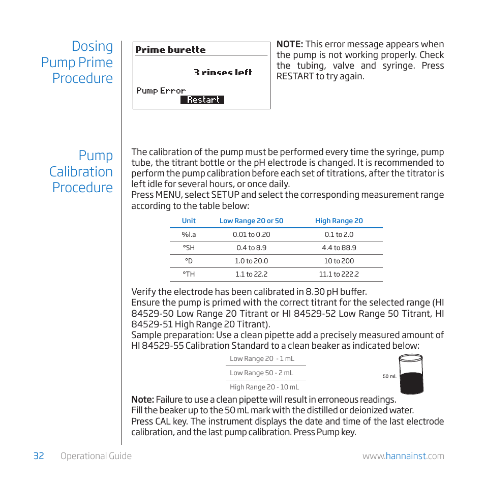 Pump calibration procedure, Dosing pump prime procedure | Hanna Instruments HI 84529-01 User Manual | Page 32 / 54