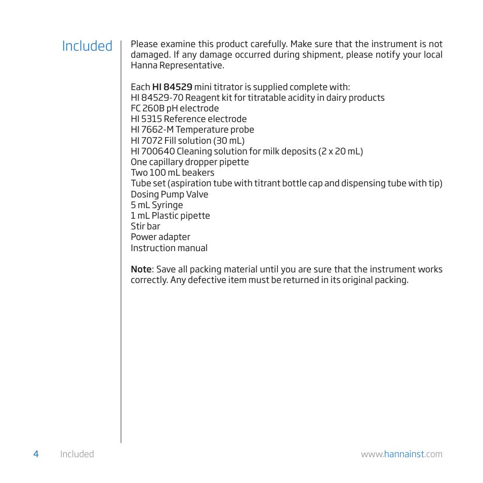 Included | Hanna Instruments HI 84529-01 User Manual | Page 4 / 54