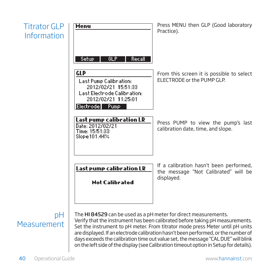 Titrator glp information ph measurement | Hanna Instruments HI 84529-01 User Manual | Page 40 / 54