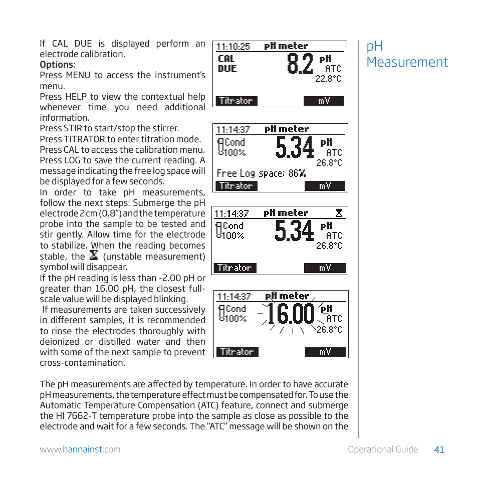 Ph measurement | Hanna Instruments HI 84529-01 User Manual | Page 41 / 54
