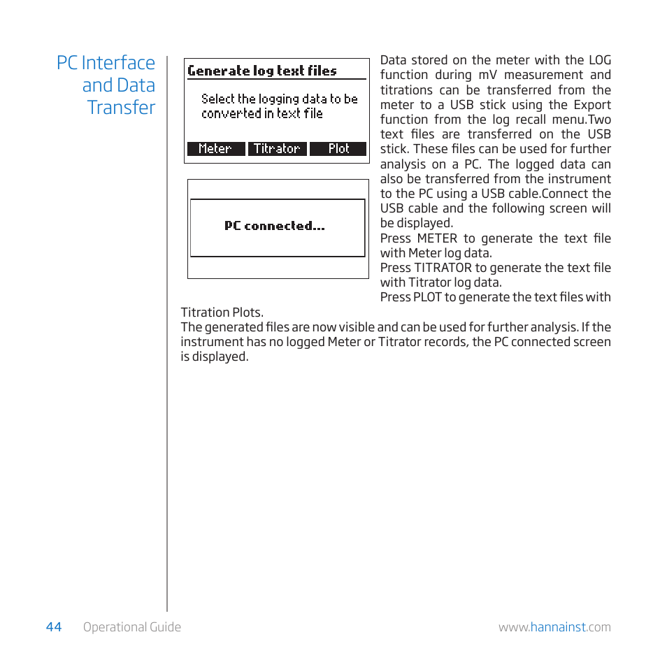 Pc interface and data transfer | Hanna Instruments HI 84529-01 User Manual | Page 44 / 54