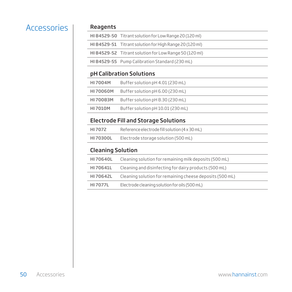Accessories | Hanna Instruments HI 84529-01 User Manual | Page 50 / 54