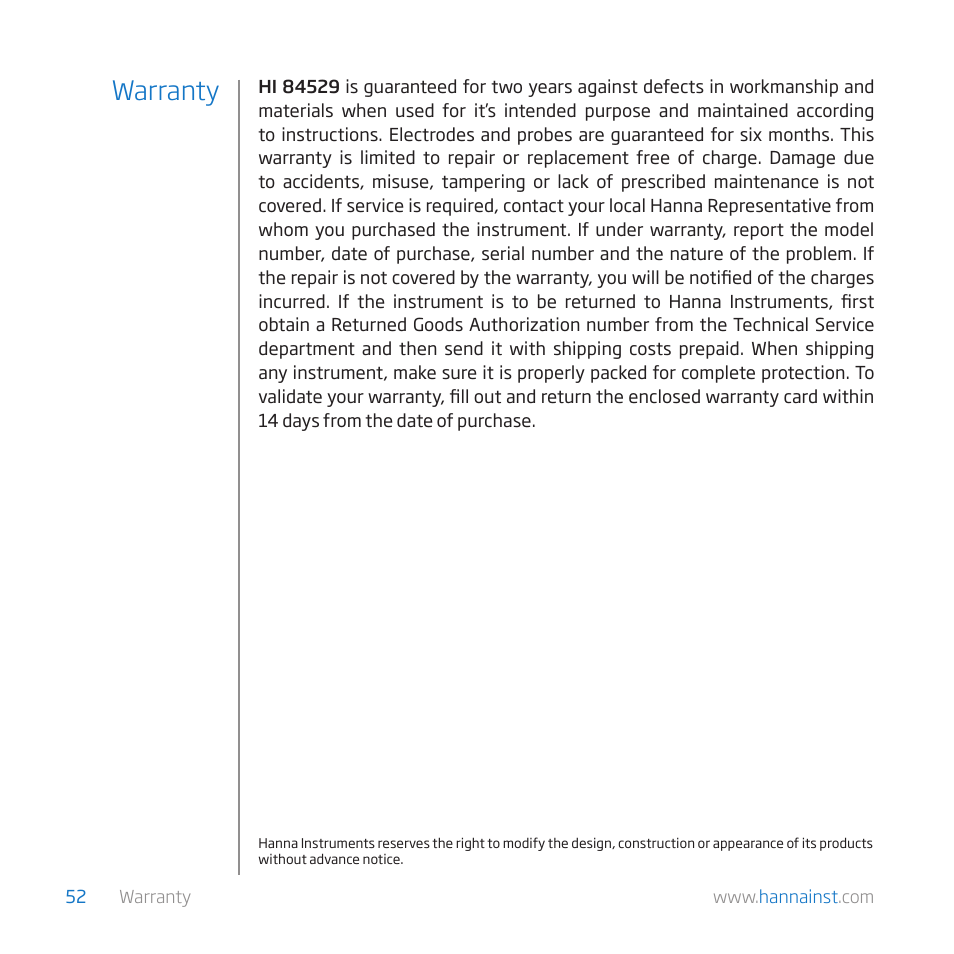 Warranty | Hanna Instruments HI 84529-01 User Manual | Page 52 / 54