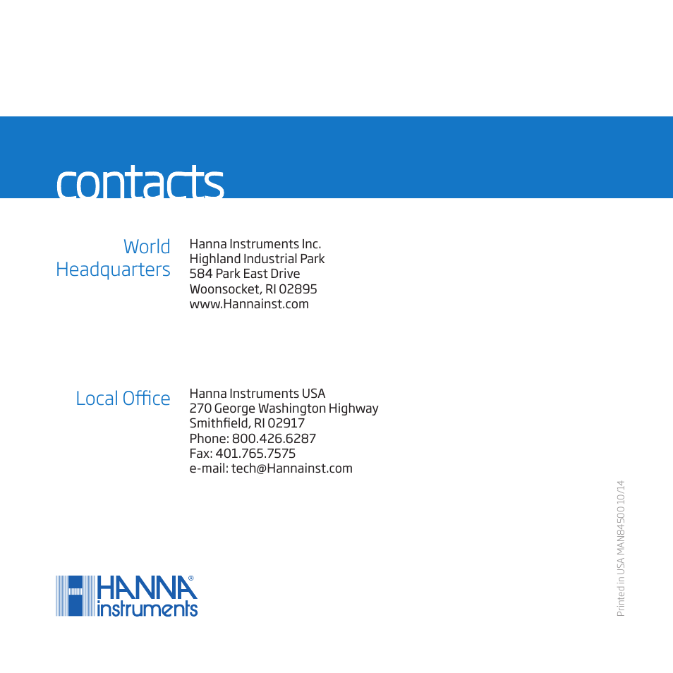 Contacts | Hanna Instruments HI 84529-01 User Manual | Page 54 / 54