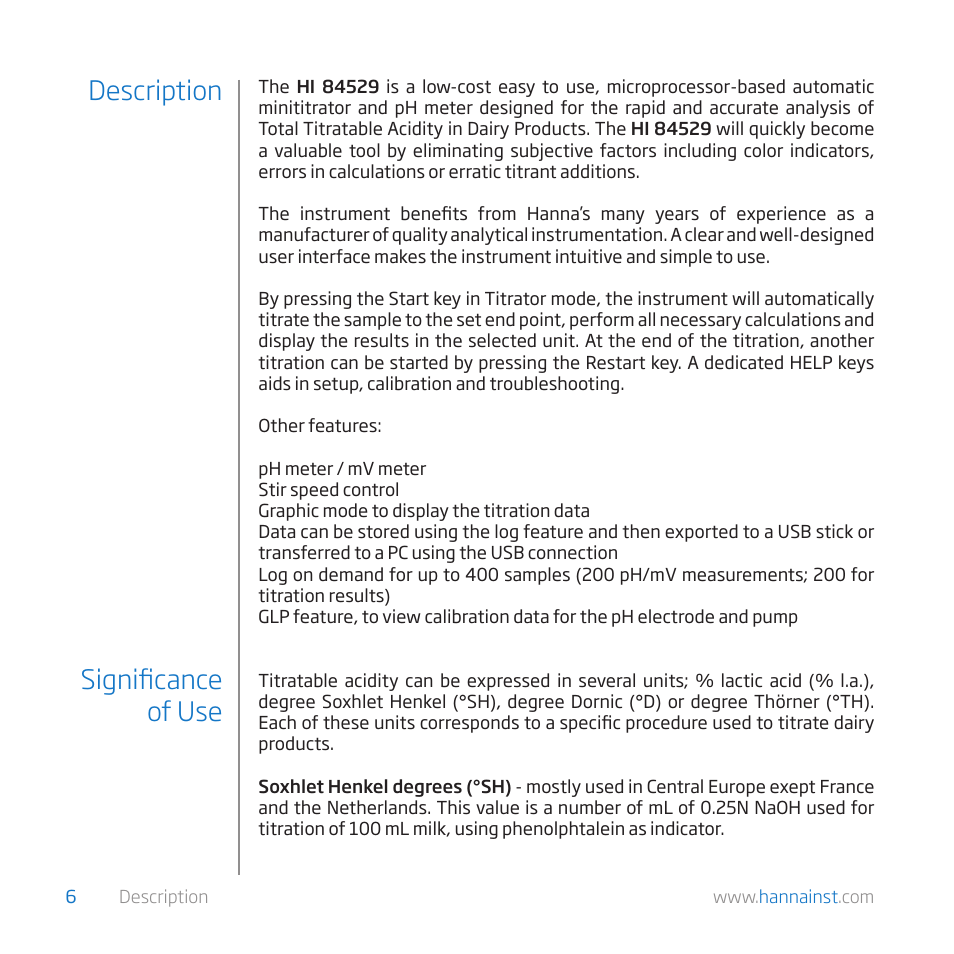 Description signifi cance of use | Hanna Instruments HI 84529-01 User Manual | Page 6 / 54
