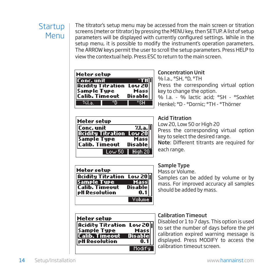 Startup menu | Hanna Instruments HI 84529 User Manual | Page 14 / 54