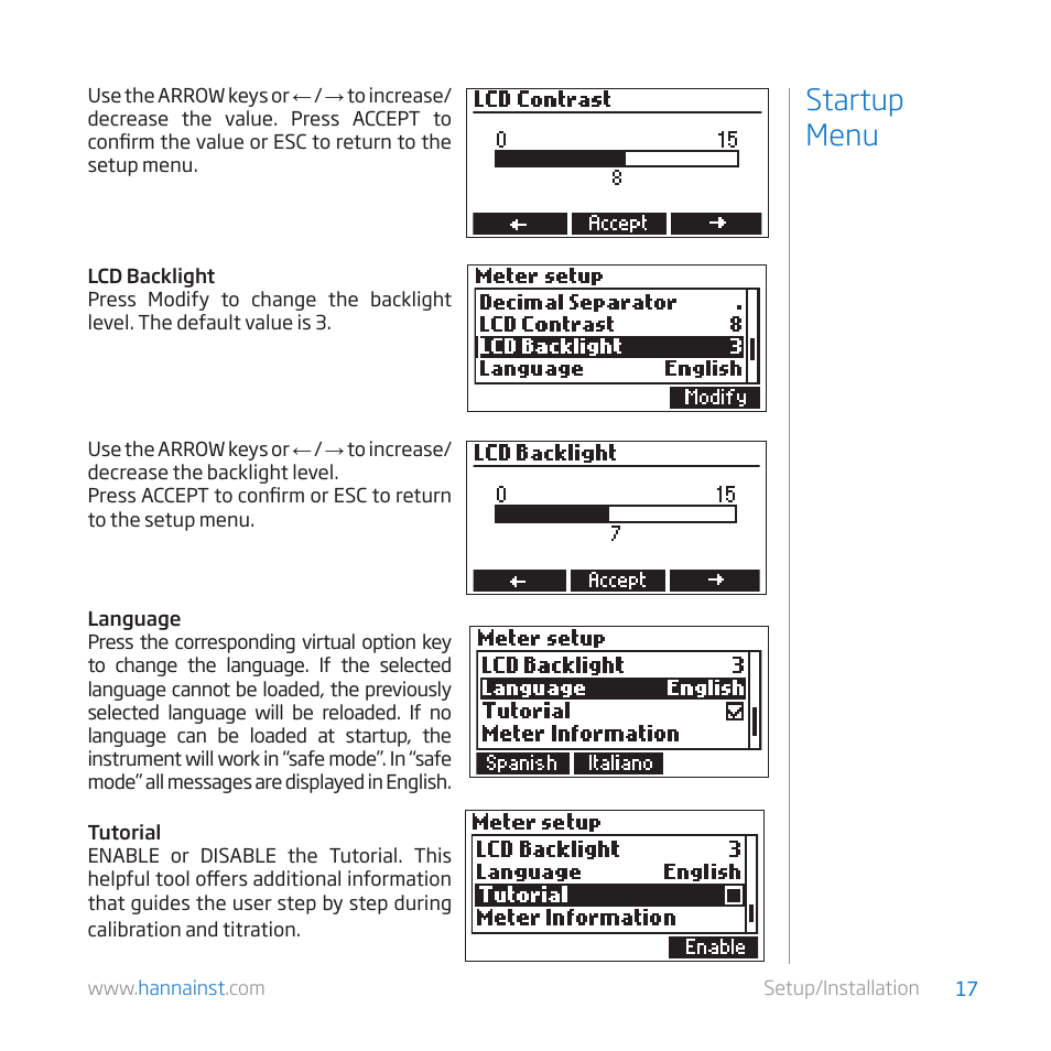 Startup menu | Hanna Instruments HI 84529 User Manual | Page 17 / 54