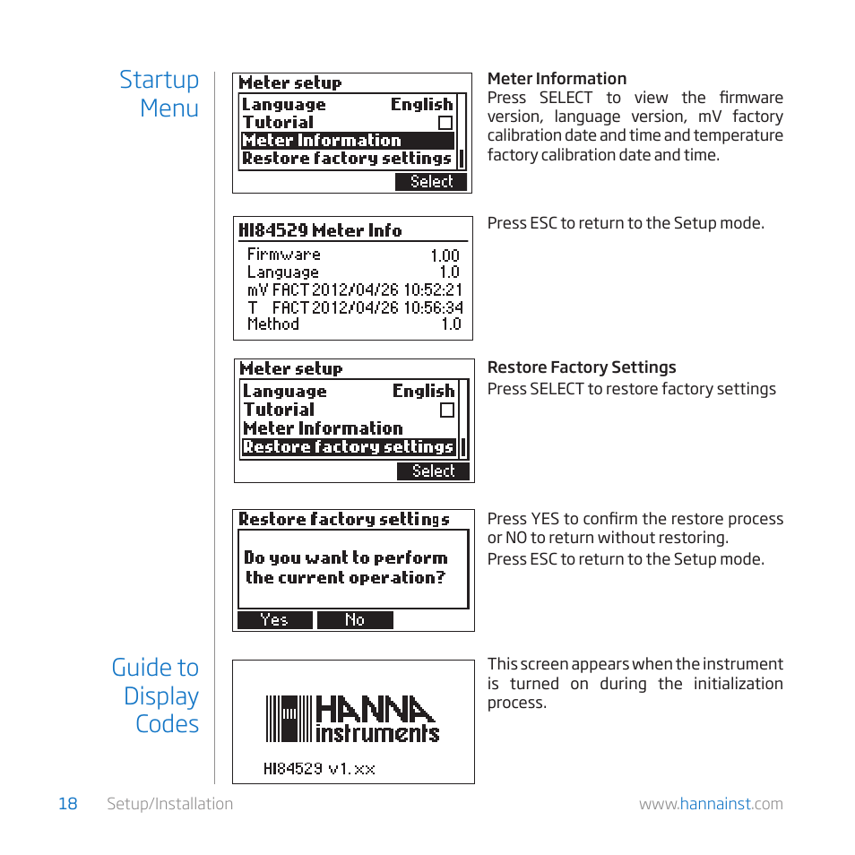 Startup menu, Guide to display codes | Hanna Instruments HI 84529 User Manual | Page 18 / 54