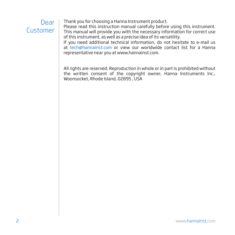 Dear customer | Hanna Instruments HI 84529 User Manual | Page 2 / 54