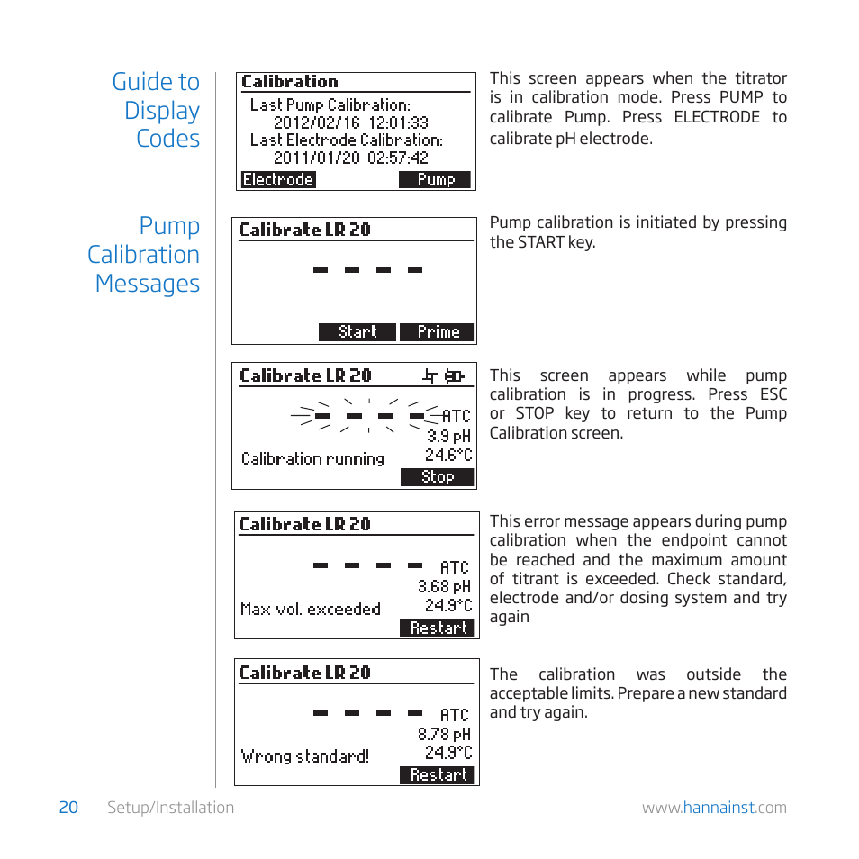 Pump calibration messages guide to display codes | Hanna Instruments HI 84529 User Manual | Page 20 / 54