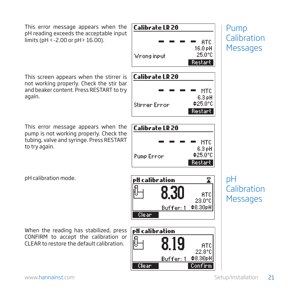 Pump calibration messages ph calibration messages | Hanna Instruments HI 84529 User Manual | Page 21 / 54