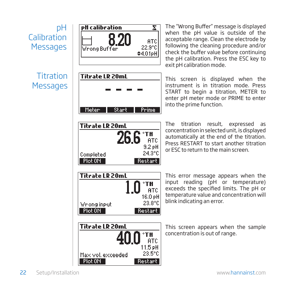 Ph calibration messages titration messages | Hanna Instruments HI 84529 User Manual | Page 22 / 54