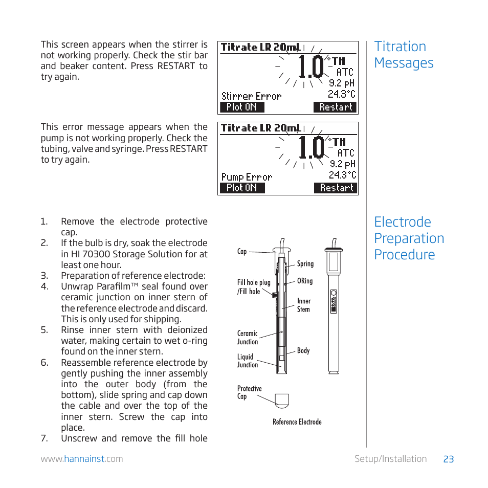 Electrode preparation procedure titration messages | Hanna Instruments HI 84529 User Manual | Page 23 / 54