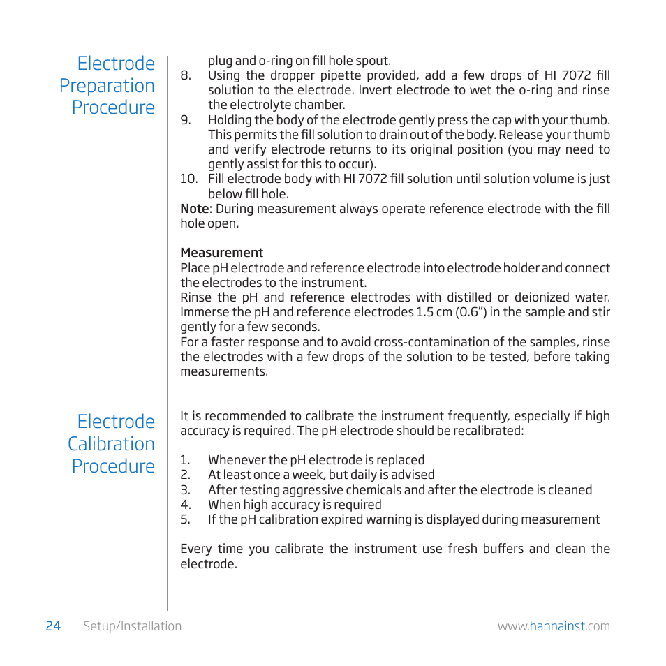 Electrode calibration procedure, Electrode preparation procedure | Hanna Instruments HI 84529 User Manual | Page 24 / 54