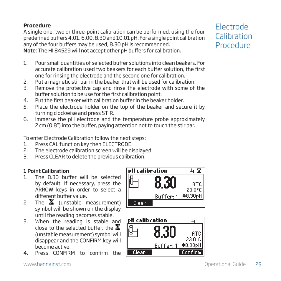 Electrode calibration procedure | Hanna Instruments HI 84529 User Manual | Page 25 / 54