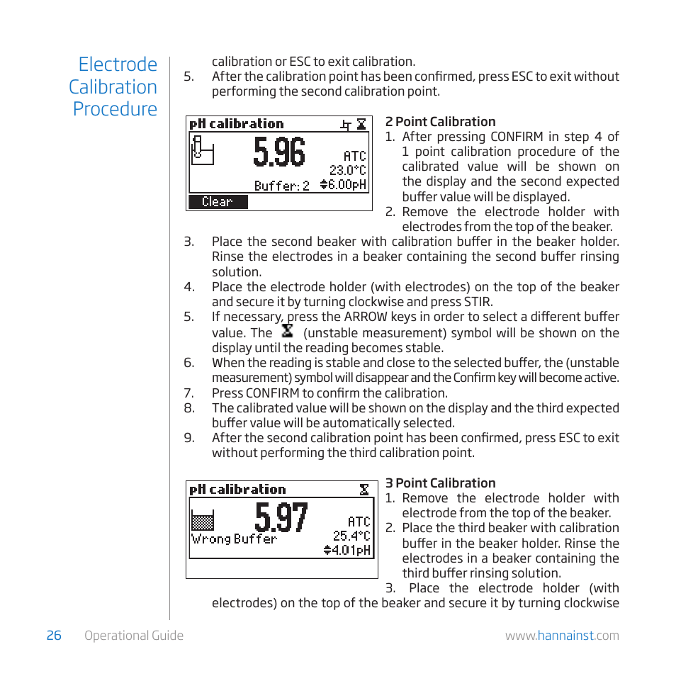 Electrode calibration procedure | Hanna Instruments HI 84529 User Manual | Page 26 / 54