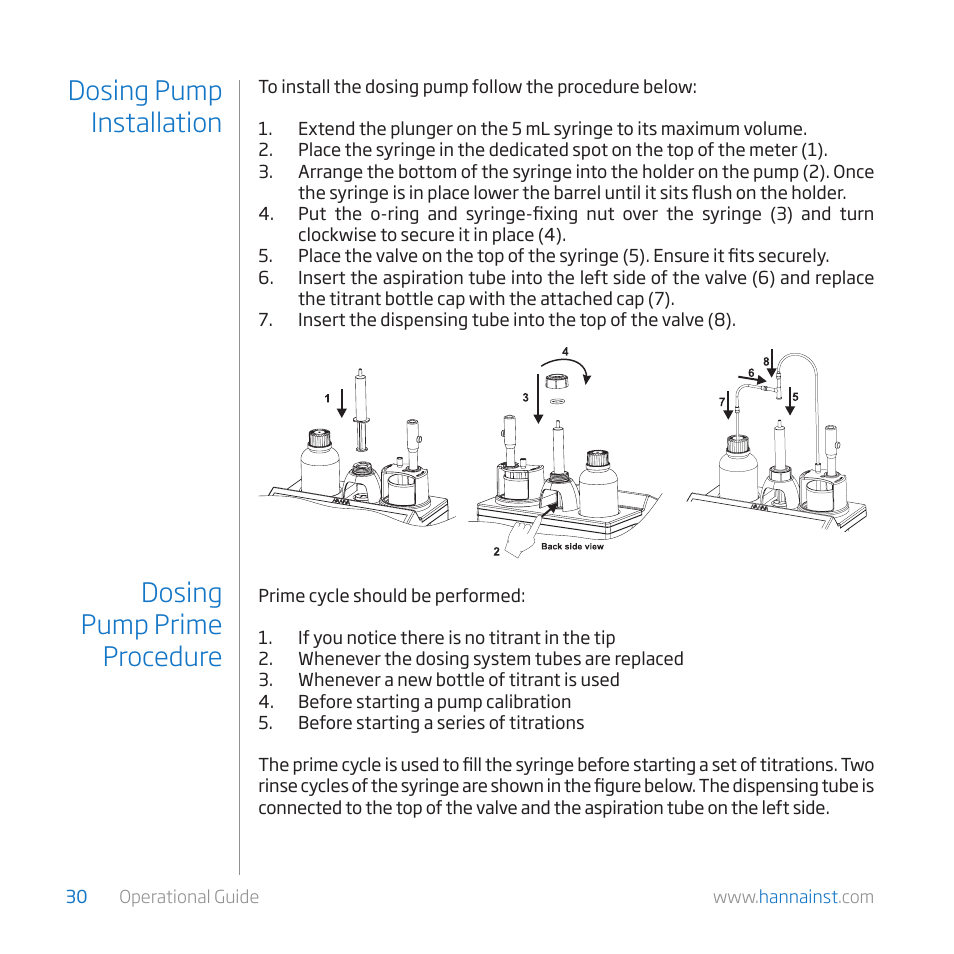 Dosing pump installation, Dosing pump prime procedure | Hanna Instruments HI 84529 User Manual | Page 30 / 54