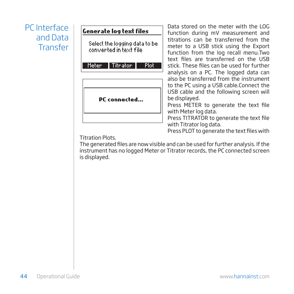 Pc interface and data transfer | Hanna Instruments HI 84529 User Manual | Page 44 / 54