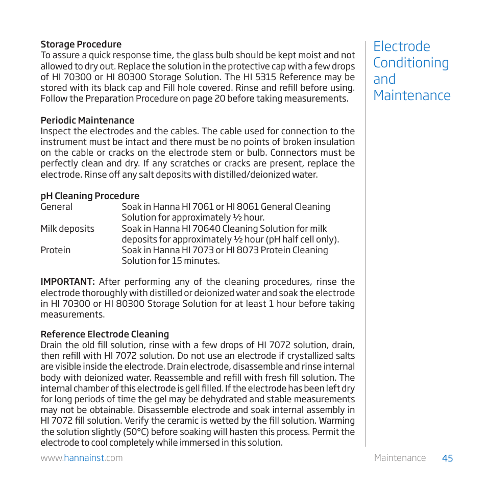 Electrode conditioning and maintenance | Hanna Instruments HI 84529 User Manual | Page 45 / 54