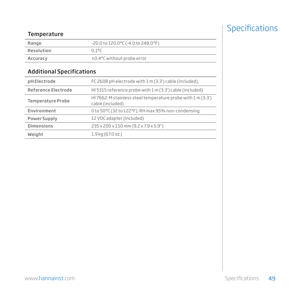 Specifications | Hanna Instruments HI 84529 User Manual | Page 49 / 54
