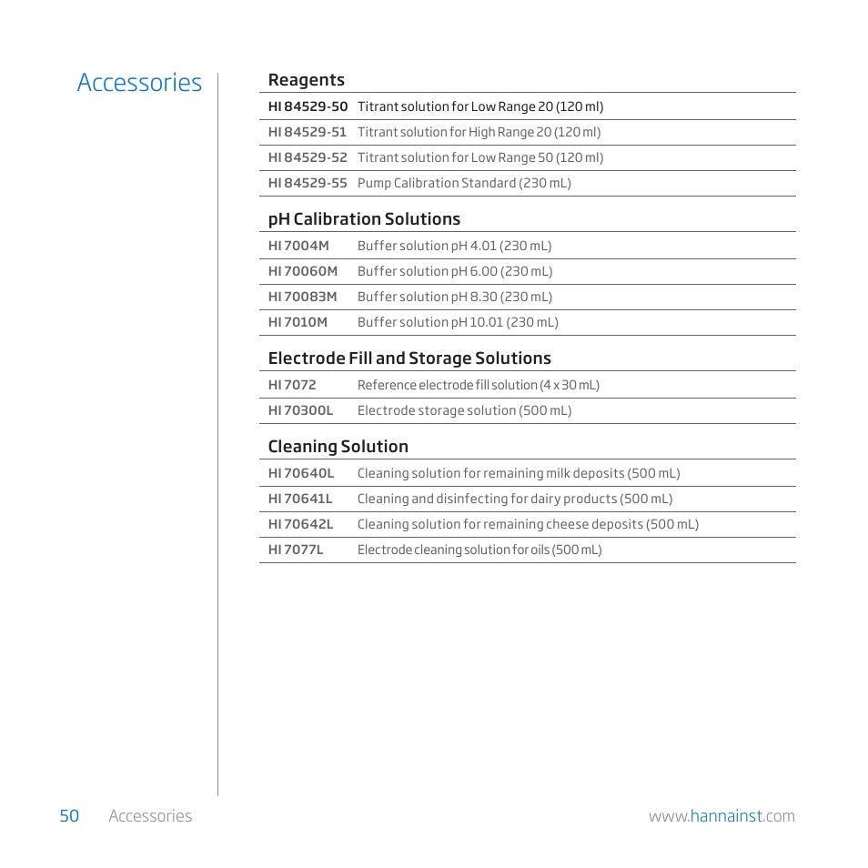 Accessories | Hanna Instruments HI 84529 User Manual | Page 50 / 54